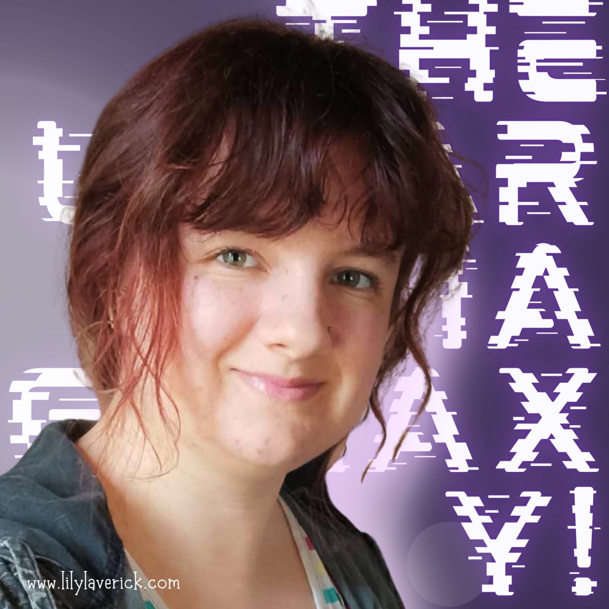 Smiling person with shoulder-length brown hair against a purple background with glitchy white text. The tone is friendly and inviting.